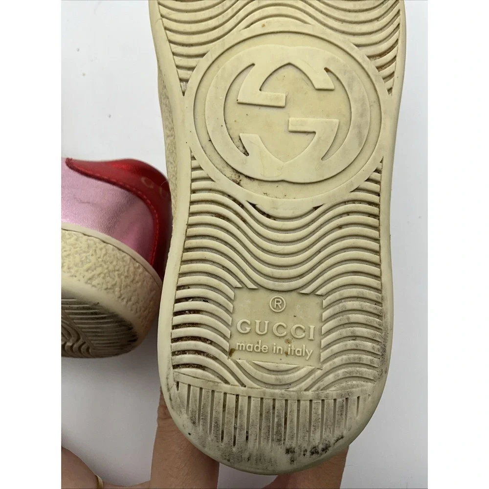 Gucci Ace Kids Pink Metallic Leather Sneakers Web Stripe EU 28 Italy